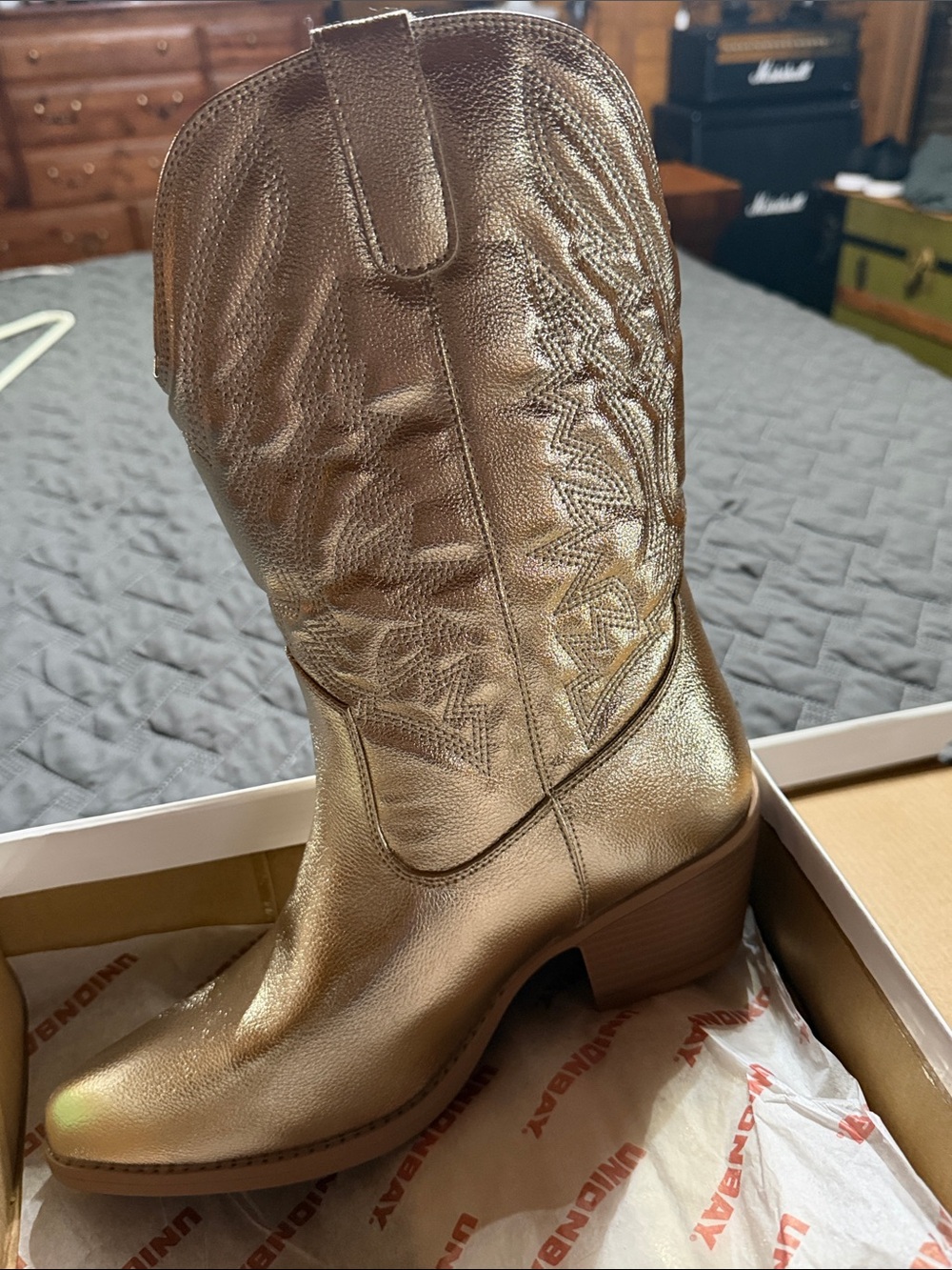 UNIONBAY Metallic Gold Western-Style Mid-Calf Heeled Boot